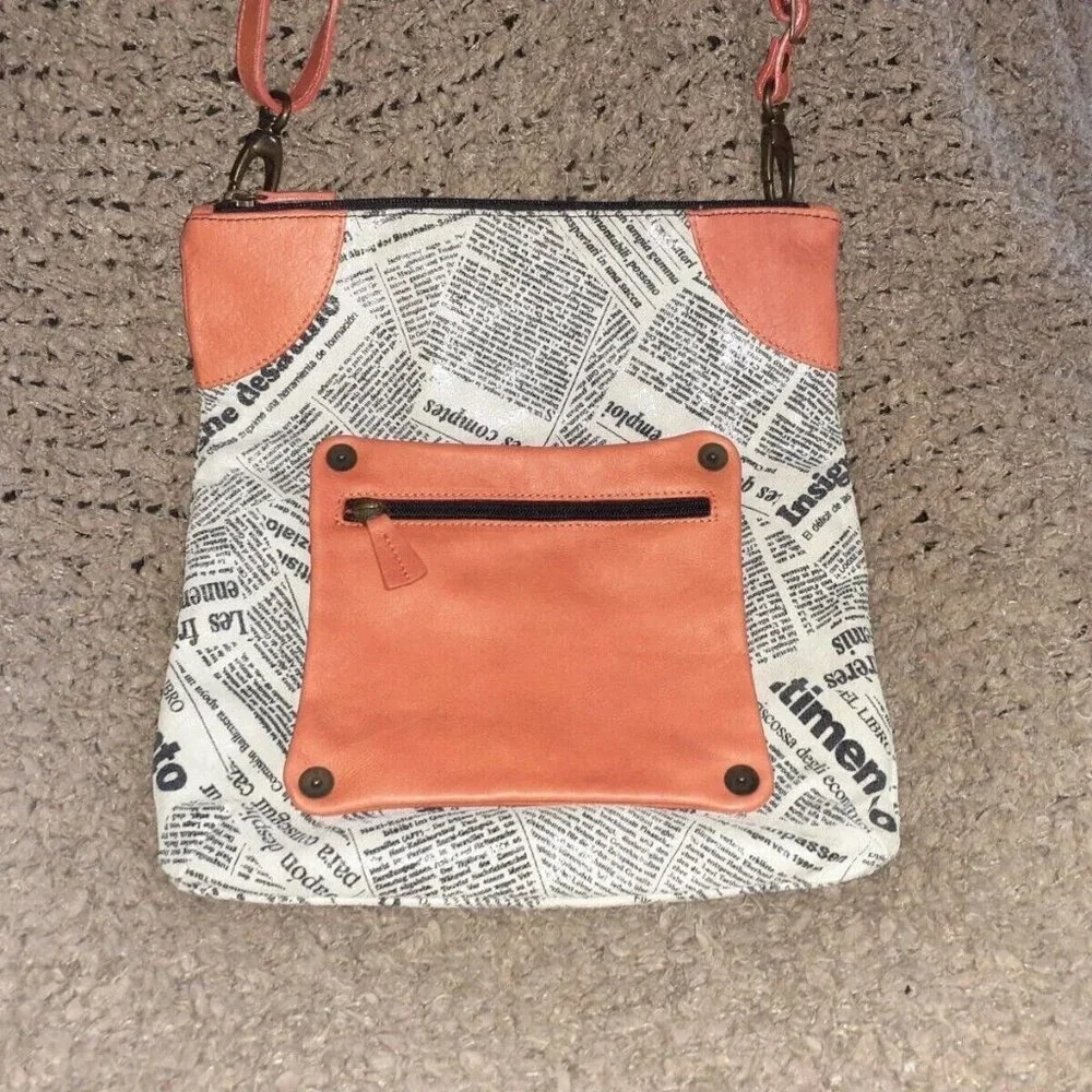 MAURIZIO TAIUTI-ITALY Orange Leather Crossbody-Newspaper Print-Near Mint - Picture 2 of 7